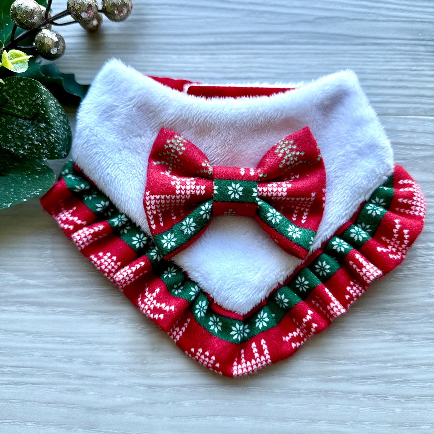 Christmas White and Red W/Ruffles Dog bandana, Christmas dog gift, pet neckwear for the holidays, dog accessories