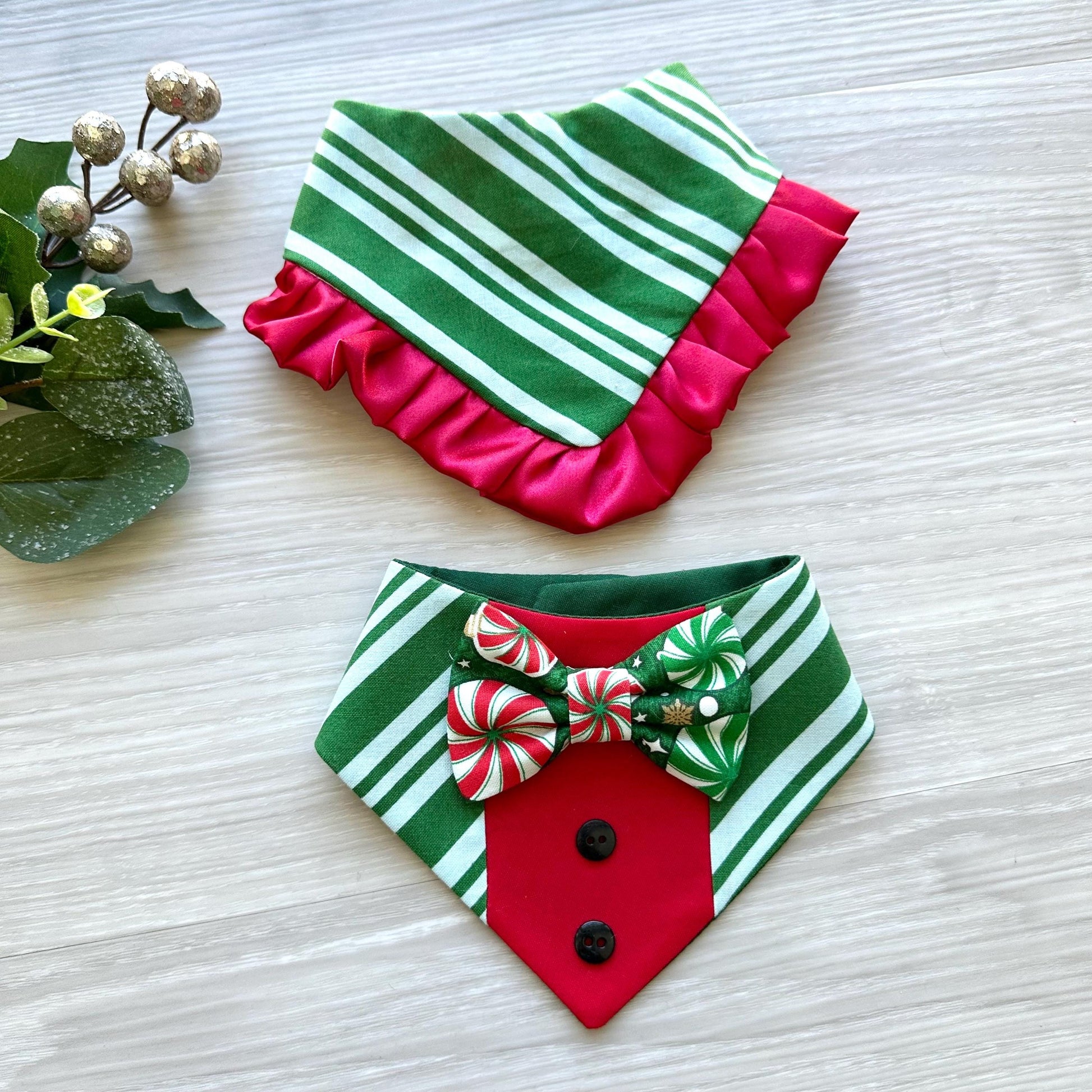 Christmas Green Candy Cane Strips W/Ruffles Dog bandana, pet neckwear for the holidays, gift for puppy, pet scarf for christmas.