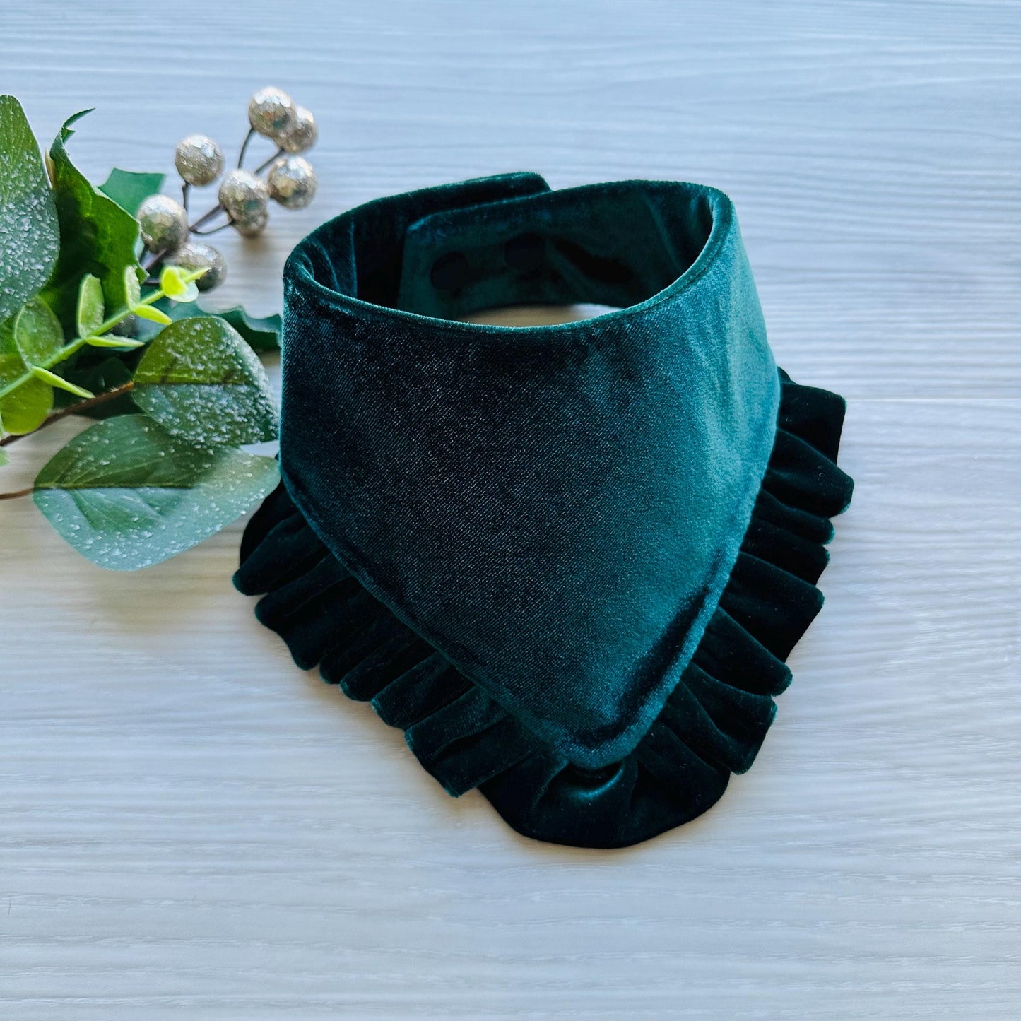 New! Cream and Green Velvet with ruffles Dog bandana, Fancy bandana, Snap on Bandana, Matching hair-bow, Bow and Bandana, pet neckwear