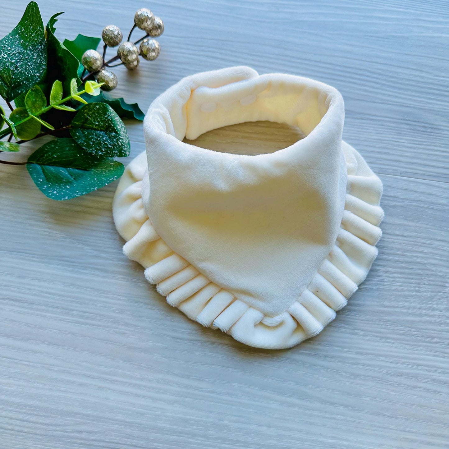 New! Cream and Green Velvet with ruffles Dog bandana, Fancy bandana, Snap on Bandana, Matching hair-bow, Bow and Bandana, pet neckwear