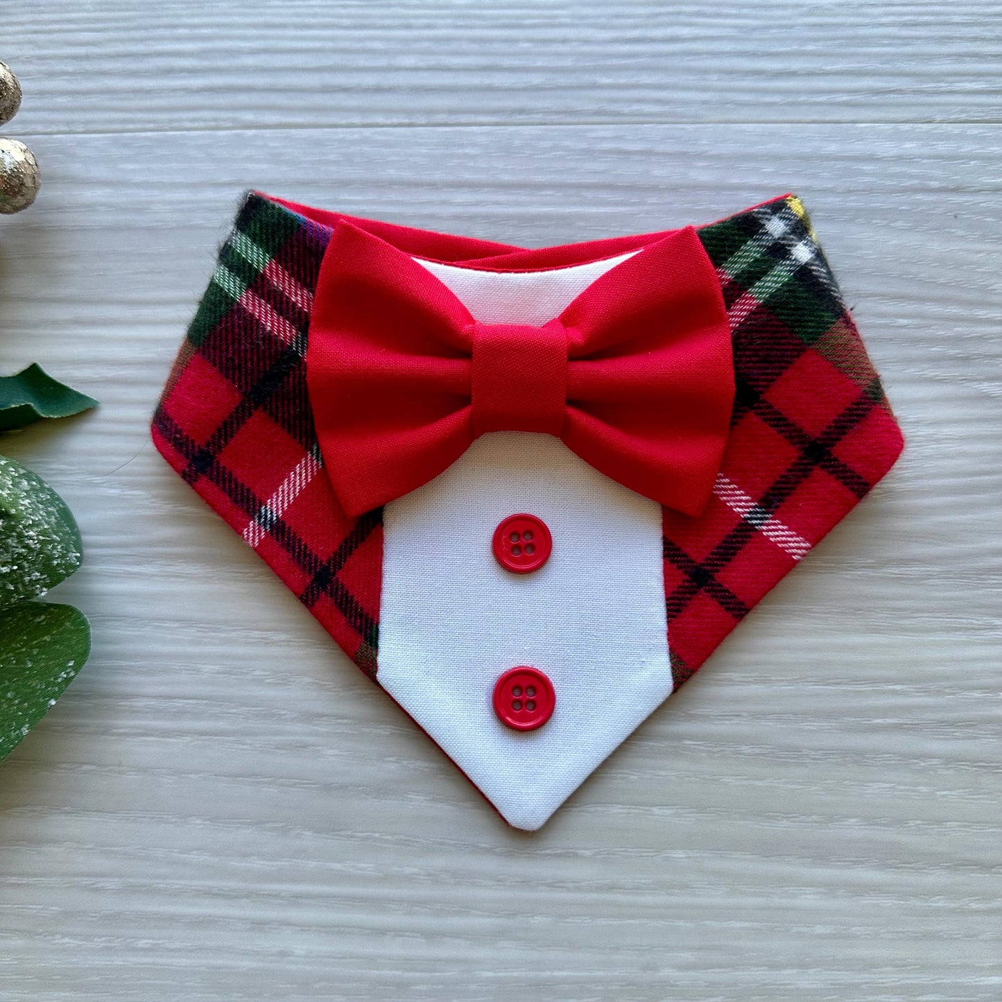 Christmas Red Plaid Dog Tuxedo Bandana, Christmas dog gift, pet neckwear for the holidays, dog accessories