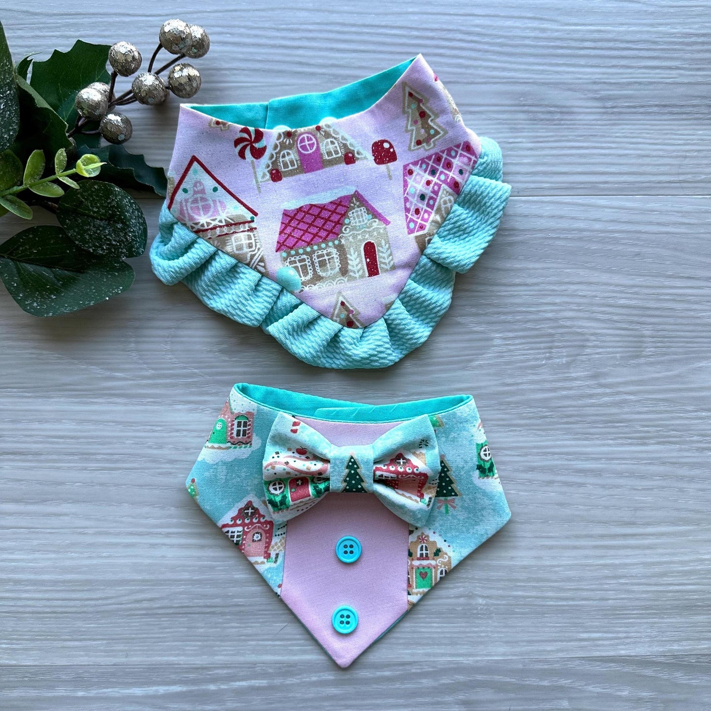 Christmas Blue Ginger Bread Dog Tuxedo Bandana, Christmas dog gift, pet neckwear for the holidays, dog accessories