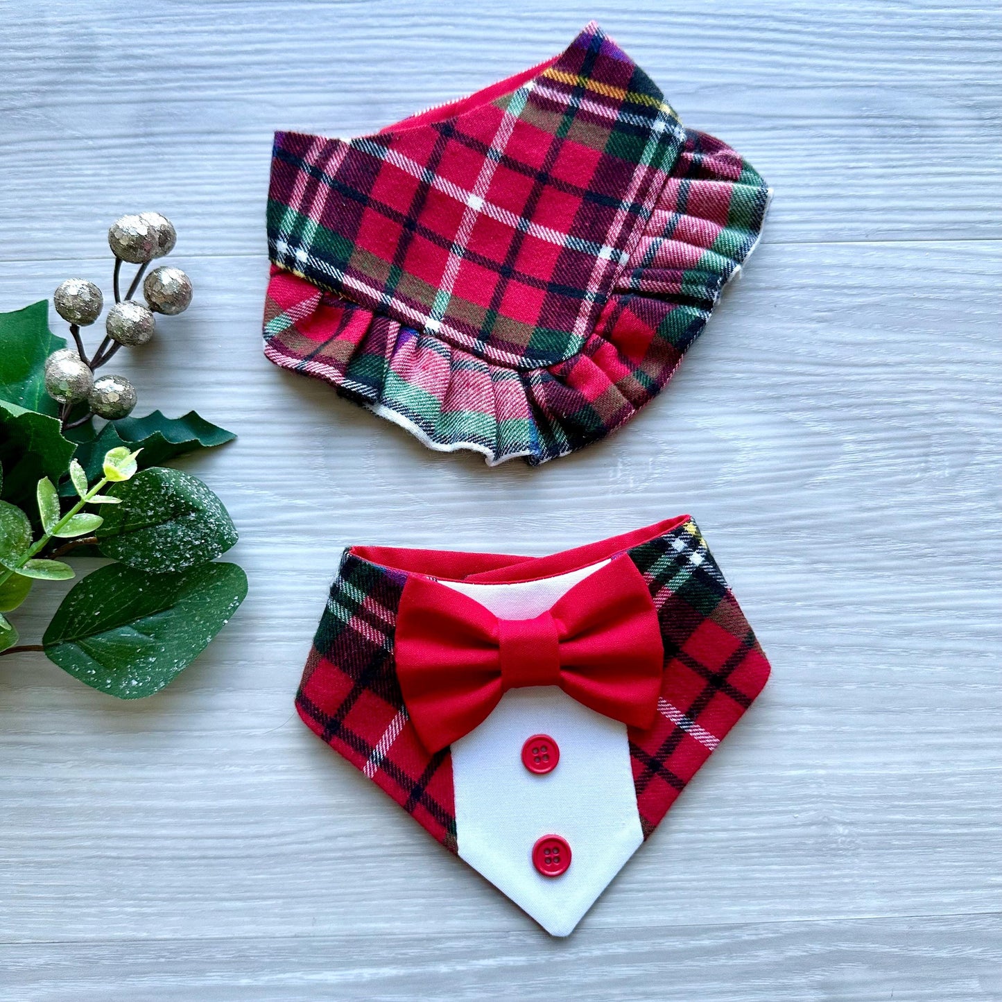 Christmas Red Plaid Flannel W/Ruffles Dog bandana, Christmas dog gift, pet neckwear for the holidays, dog accessories