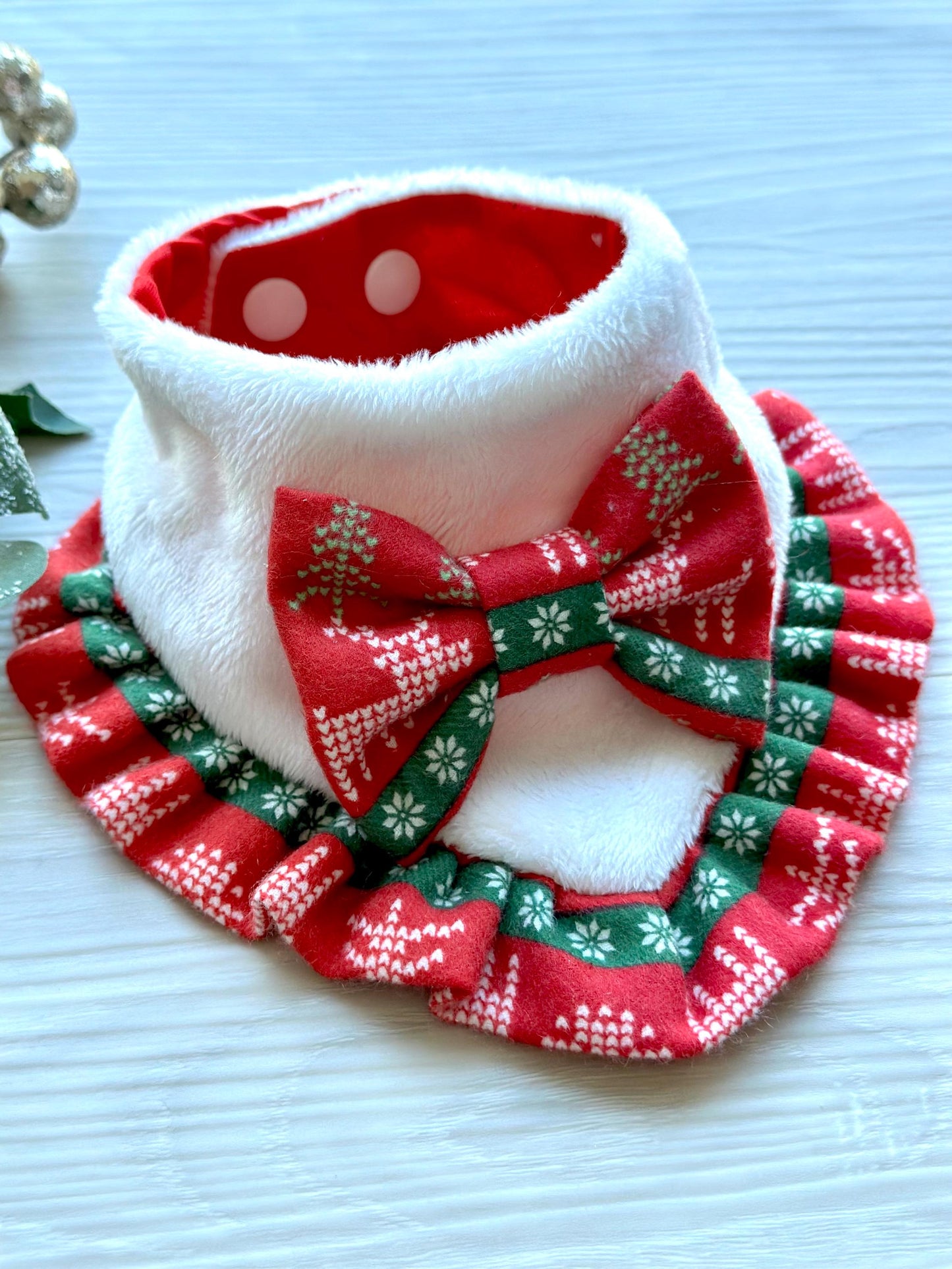 Christmas White and Red W/Ruffles Dog bandana, Christmas dog gift, pet neckwear for the holidays, dog accessories