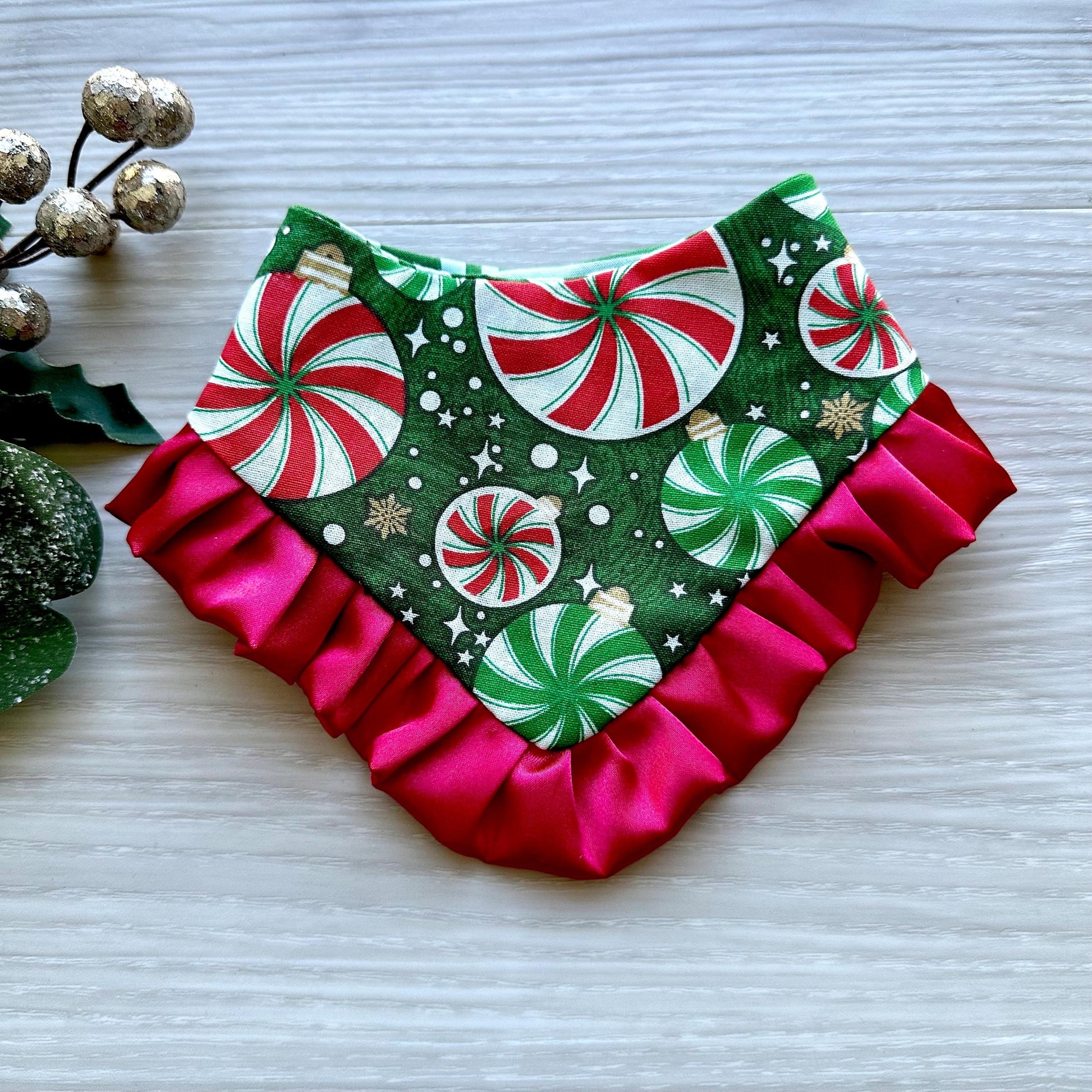 Christmas Green Candy Cane Strips W/Ruffles Dog bandana, pet neckwear for the holidays, gift for puppy, pet scarf for christmas.
