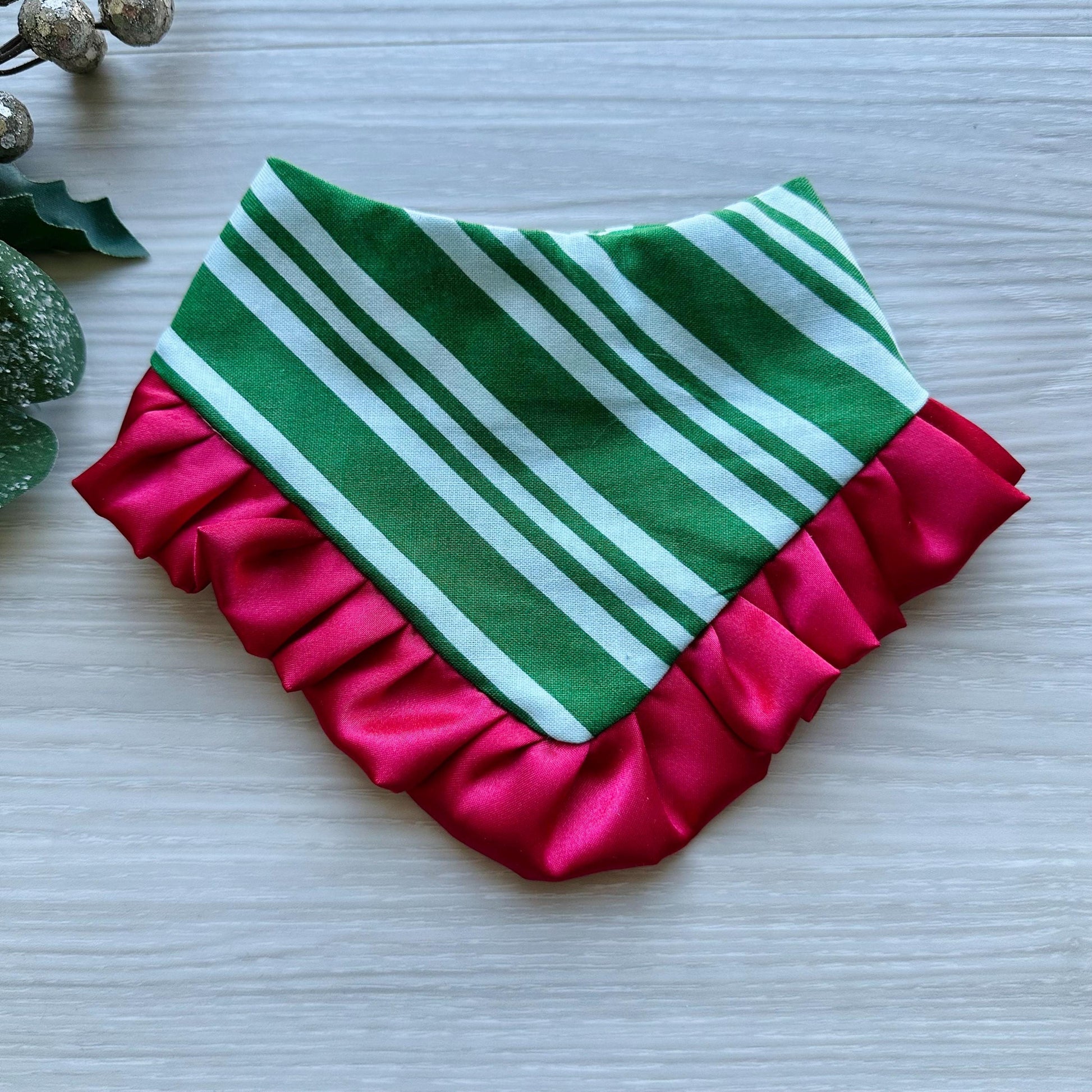 Christmas Green Candy Cane Strips W/Ruffles Dog bandana, pet neckwear for the holidays, gift for puppy, pet scarf for christmas.