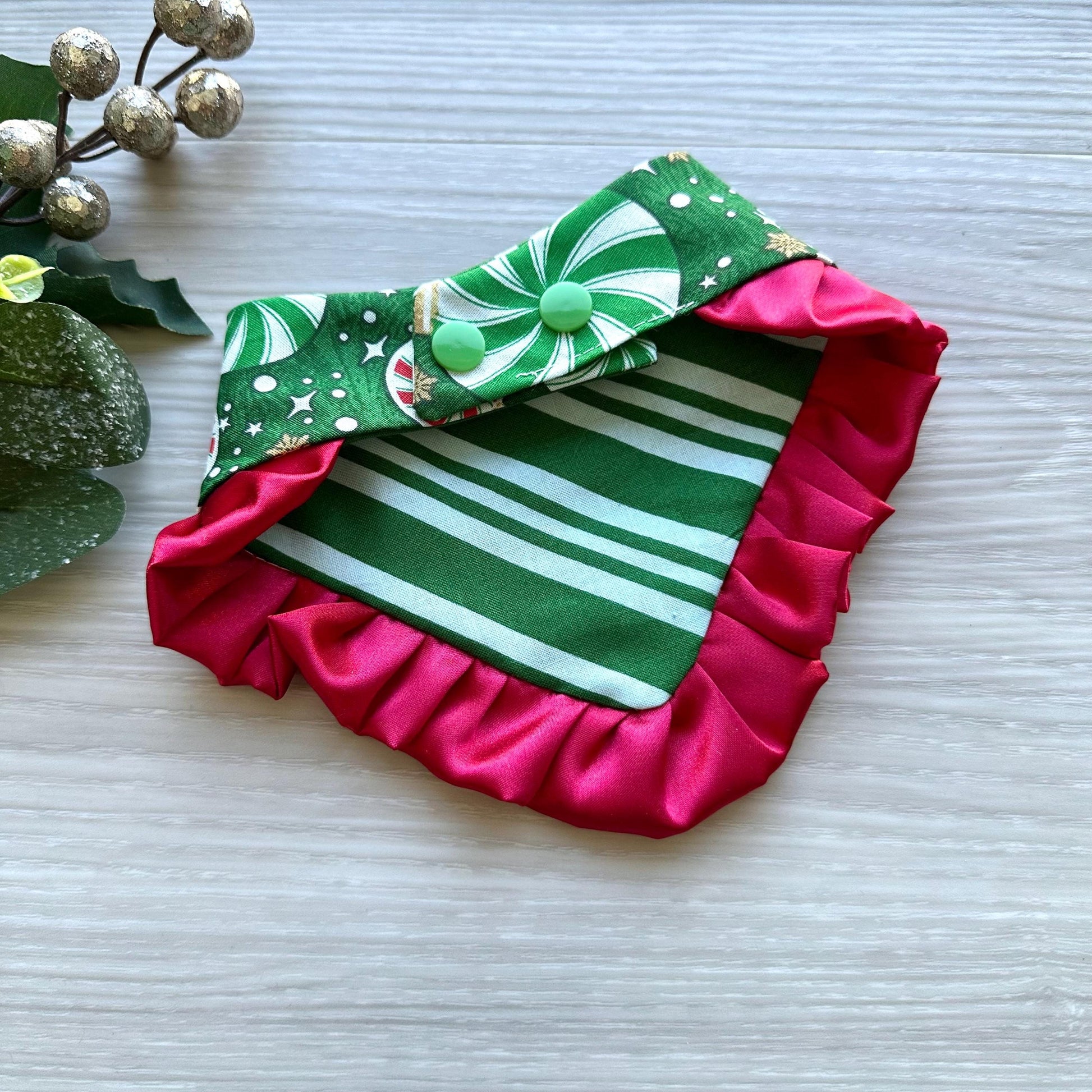 Christmas Green Candy Cane Strips W/Ruffles Dog bandana, pet neckwear for the holidays, gift for puppy, pet scarf for christmas.