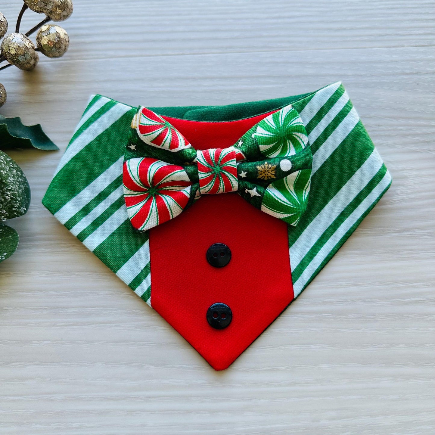 Christmas Green Candy Cane stripes Dog Tuxedo Bandana, Christmas dog gift, pet neckwear for the holidays, dog accessories