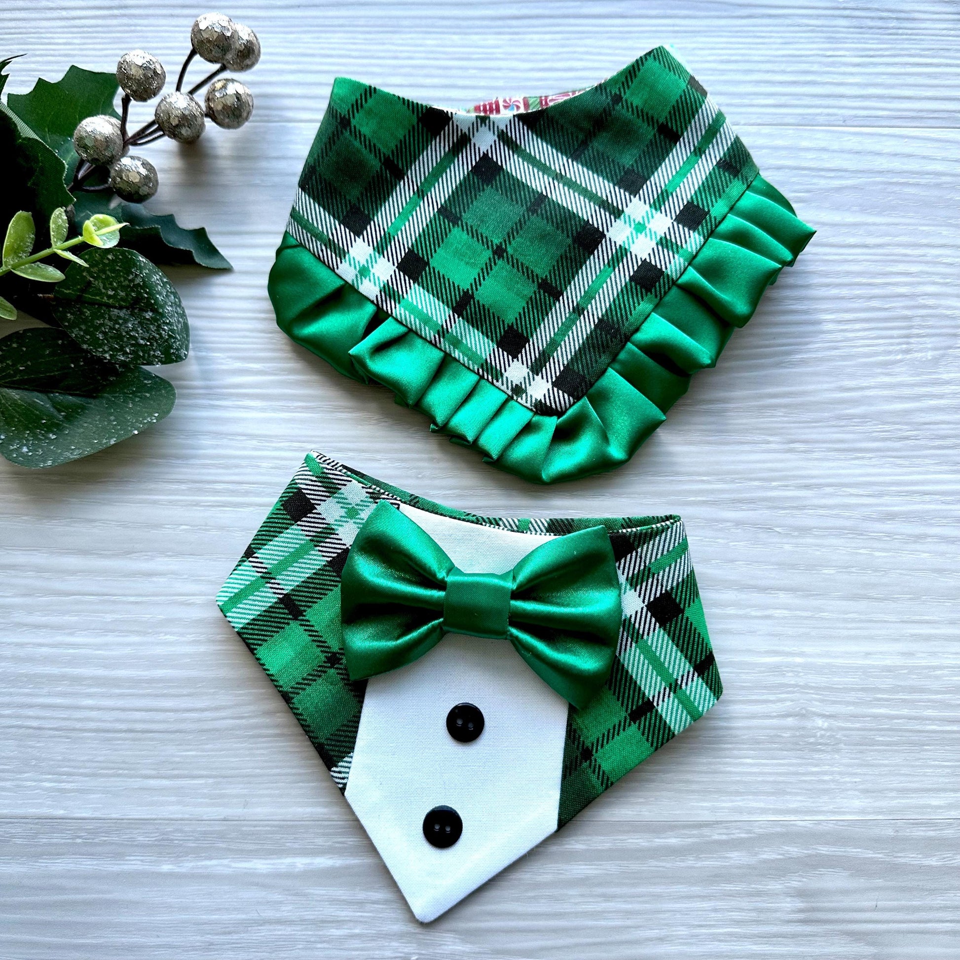 Christmas Green Plaid Dog Tuxedo Bandana, Green satin bowtie, Christmas dog gift, pet neckwear for the holidays, dog accessories
