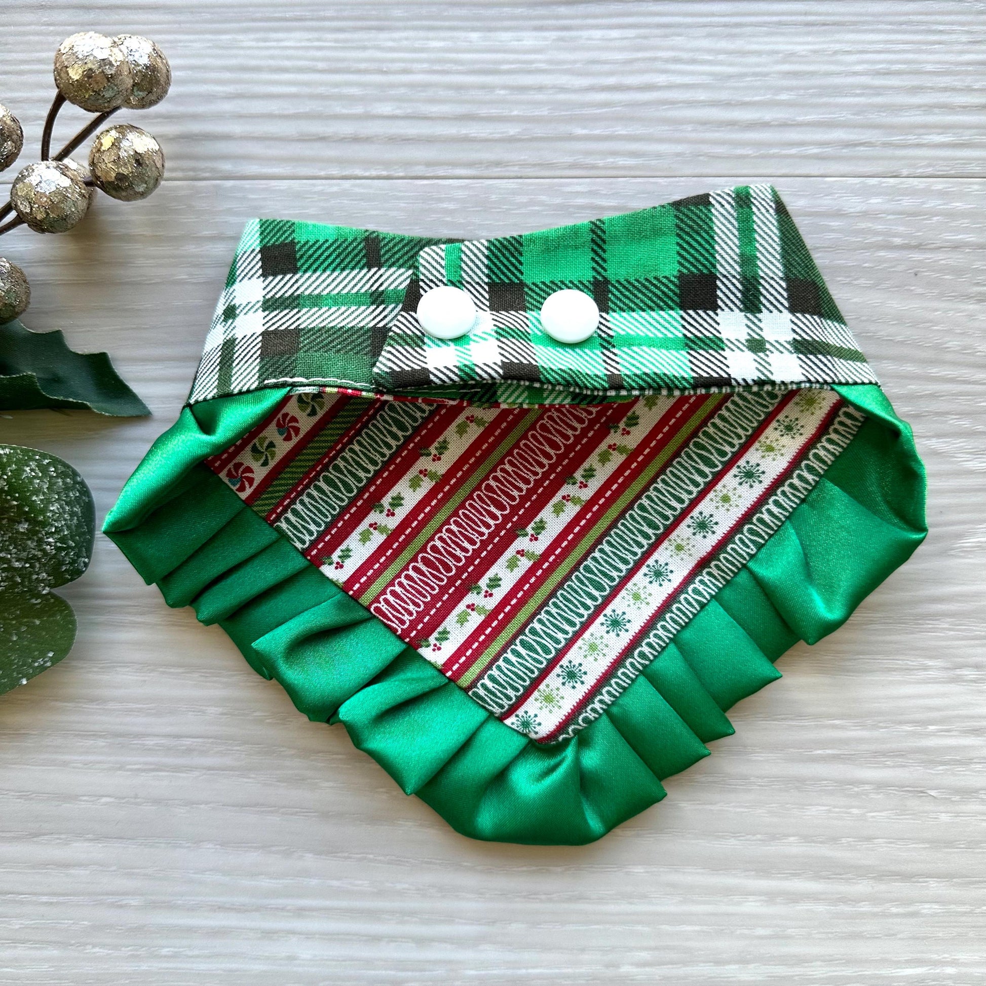 Christmas Green Plaid W/Ruffles Dog bandana, Christmas dog gift, pet neckwear for the holidays, dog accessories