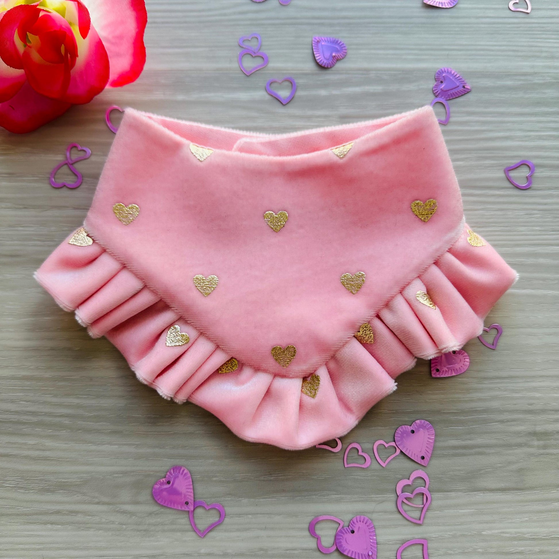 Fancy Pink Valentines Dog bandana with ruffles, Pink Velvet with gold hearts, Snap on Bandana, Bow and Bandana, Xoxo bandana