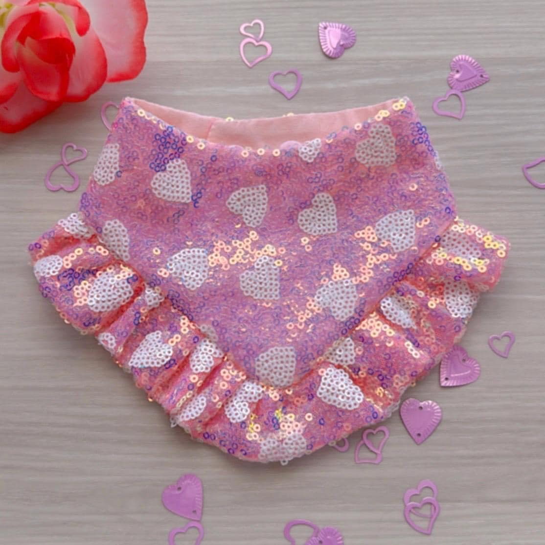 Fancy Pink Valentines Dog bandana with ruffles, Pink Hearts sequins, Snap on Bandana, Matching hair-bow, Bow and Bandana, Xoxo bandana