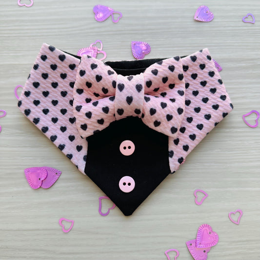 Tiny Hearts Tuxedo dog bandana, Valentines Day bandana with bowtie, Dog bandana with Snaps, Pet scarf gift, plaid dog scarf, Dog Bowtie,