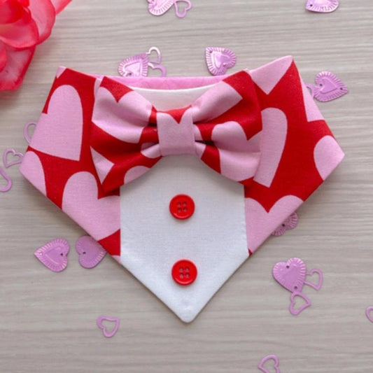 Pink Hearts, Tuxedo dog bandana, Valentines Day bandana with bowtie, Dog bandana with Snaps, Pet scarf gift, plaid dog scarf, Dog Bowtie,