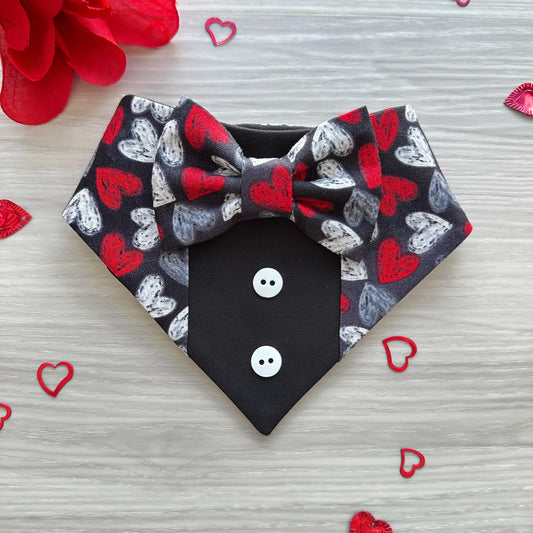 Chalk Hearst Tuxedo dog bandana, Valentines Day bandana with bowtie, Dog bandana with Snaps, Pet scarf gift, plaid dog scarf, Dog Bowtie,