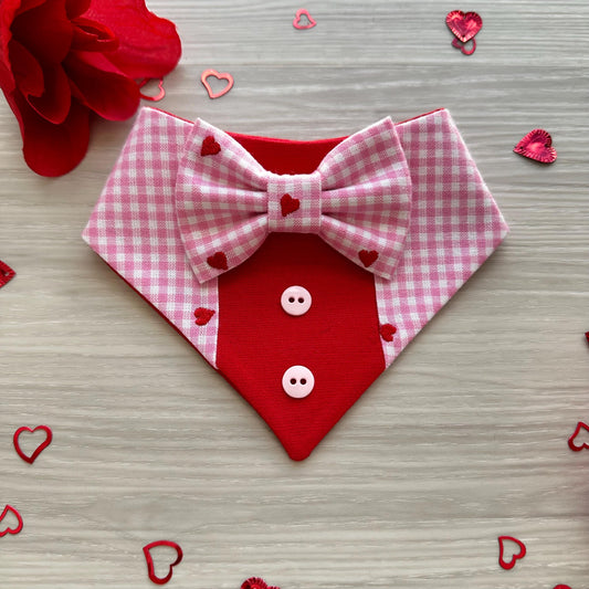 Embroidered Hearts Gingham, Tuxedo dog bandana, Valentines Day bandana with bowtie, Dog bandana with Snaps, Dog Bowtie,