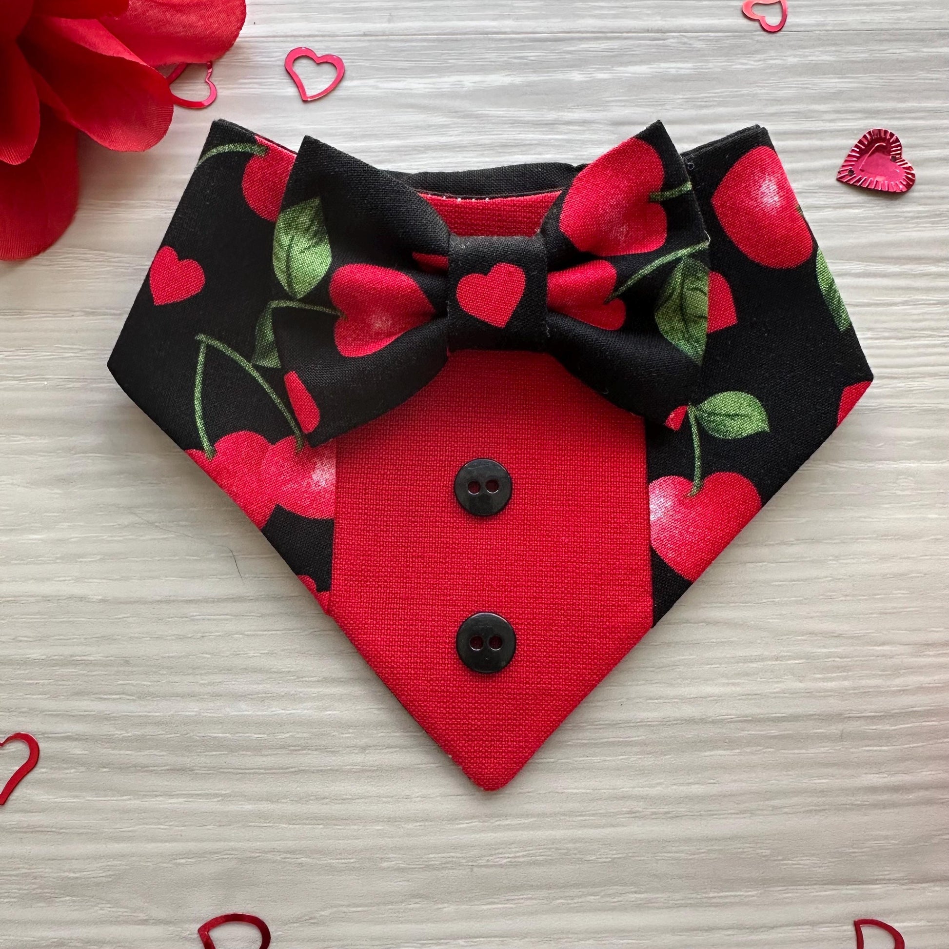 Cherry Hearts, Tuxedo dog bandana, Valentines Day bandana with bowtie, Dog bandana with Snaps, Pet scarf gift, plaid dog scarf, Dog Bowtie,