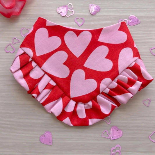 Pink Hearts Valentines Dog bandana with ruffles, Snap on Bandana, Matching hair-bow, Bow and Bandana, Xoxo bandana