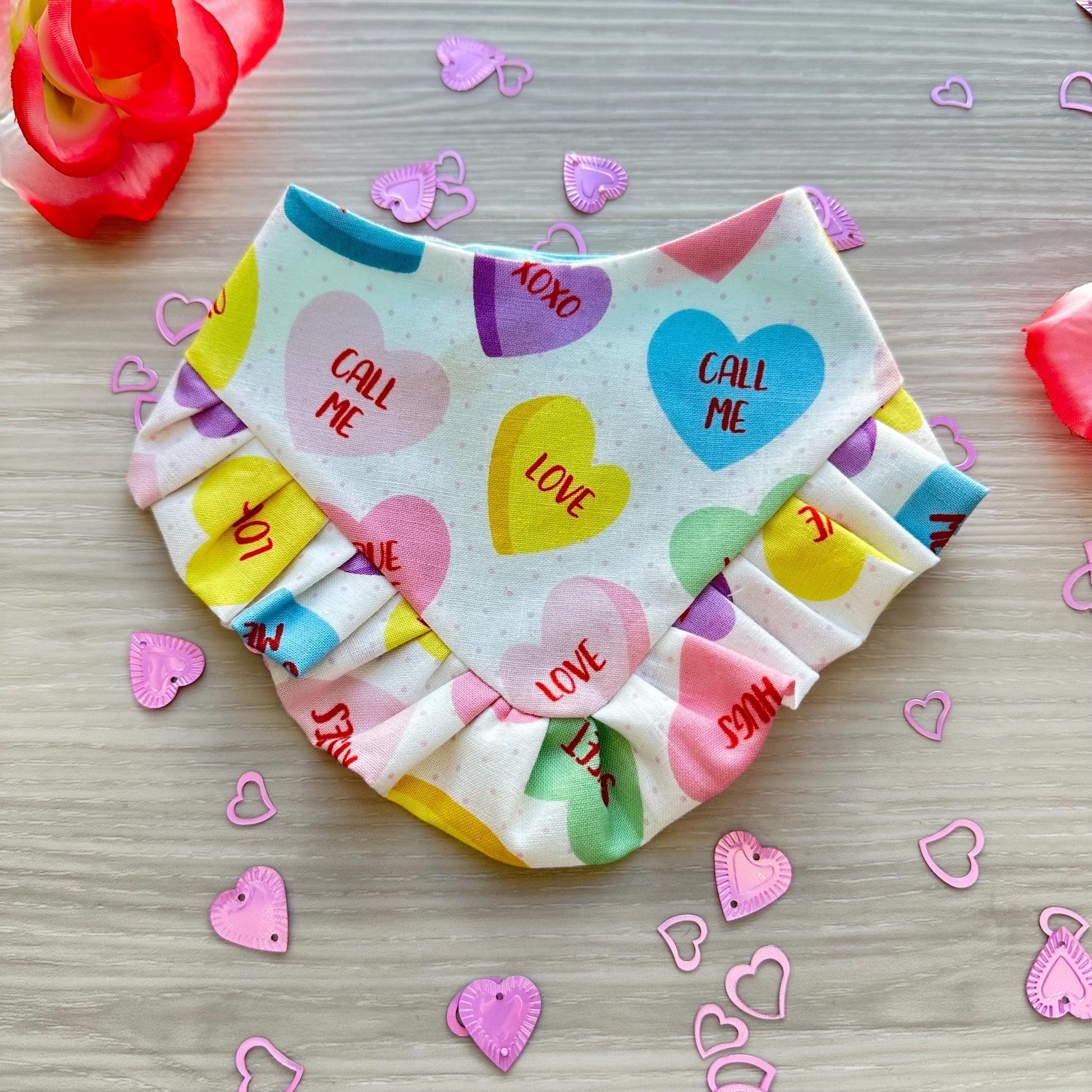 Heart Candies Valentines Dog bandana with ruffles, Snap on Bandana, Matching hair-bow, Bow and Bandana, Xoxo bandana