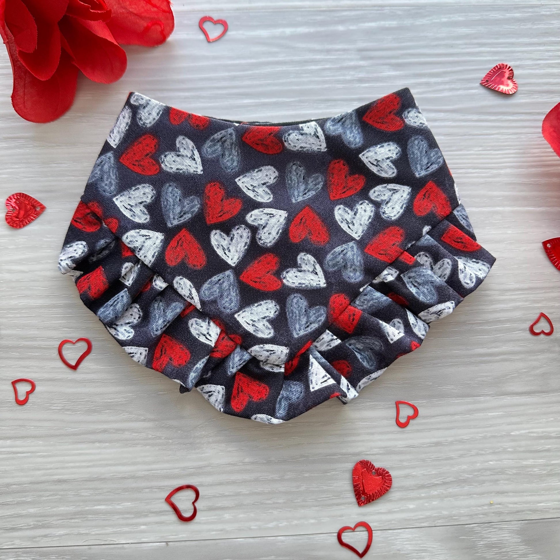 Chalk Hearst Valentines Dog bandana with ruffles, Snap on Bandana, Matching hair-bow, Bow and Bandana, Xoxo bandana