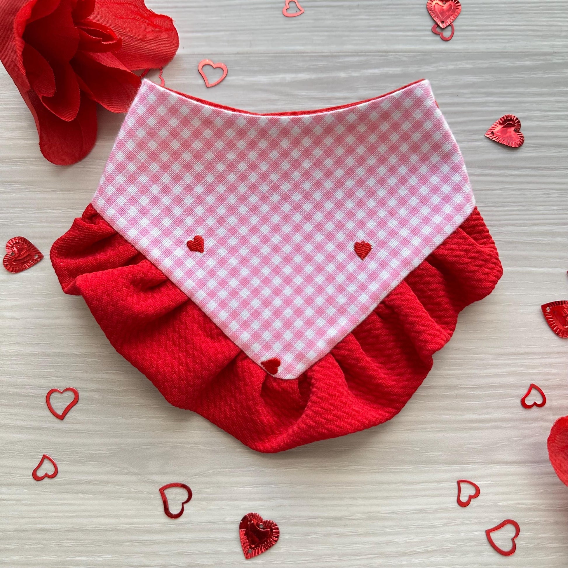 Embroidered Hearts Gingham Valentines Dog bandana with ruffles, Snap on Bandana, Matching hair-bow, Bow and Bandana, Xoxo bandana