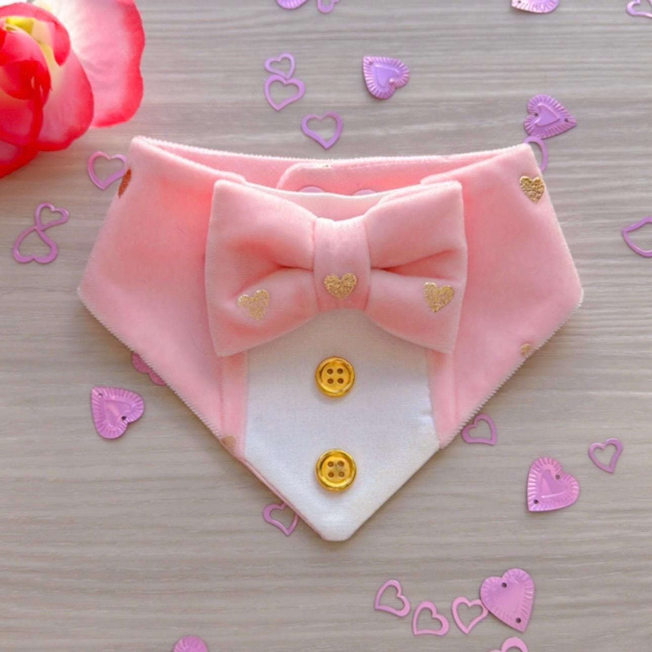 Fancy Valentines Dog Tuxedo, Pink and gold hearts, Valentines pet scarf, Pet accessory for cats, bandana and bowtie,