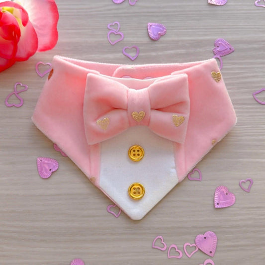 Fancy Valentines Dog Tuxedo, Pink and gold hearts, Valentines pet scarf, Pet accessory for cats, bandana and bowtie,