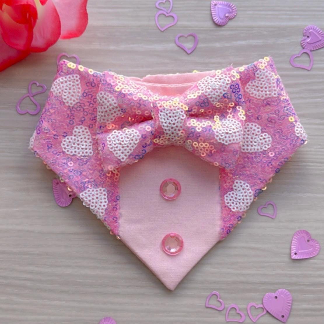 Fancy Valentines Dog Tuxedo, Pink and white hears sequins, Valentines pet scarf, Pet accessory for cats, bandana and bowtie,