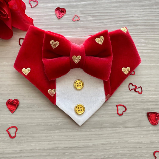 Fancy Valentines Dog Tuxedo, Pink Velvet and gold hearts, Valentines pet scarf, Pet accessory for cats, bandana and bowtie,