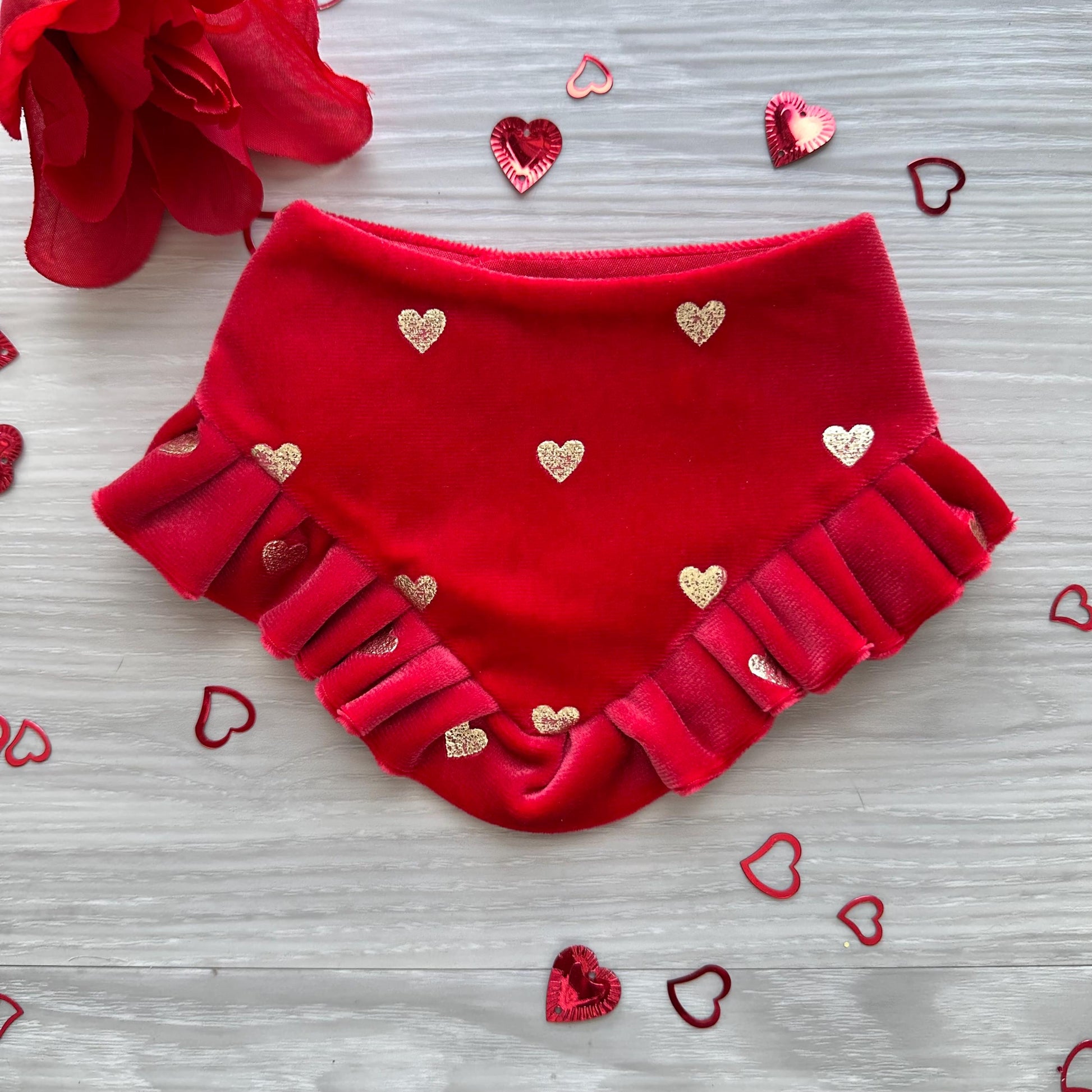Fancy Red Valentines Dog bandana with ruffles, Red velvet with gold hearts, Snap on Bandana, Bow and Bandana, Xoxo bandana