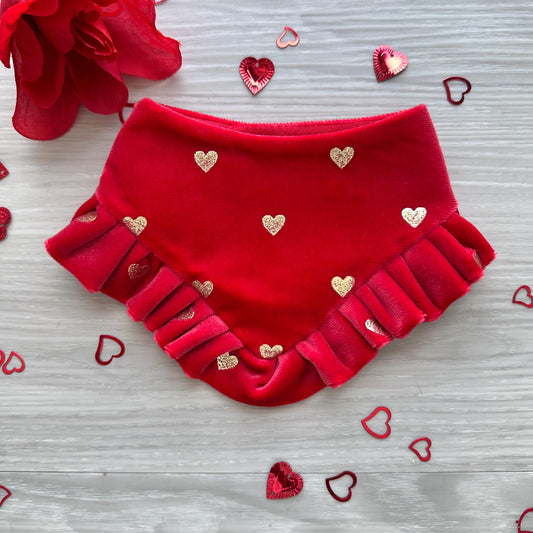 Fancy Red Valentines Dog bandana with ruffles, Red velvet with gold hearts, Snap on Bandana, Bow and Bandana, Xoxo bandana