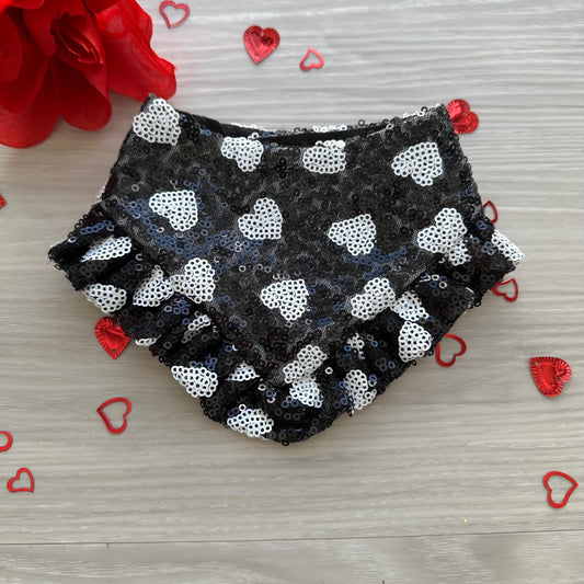 Fancy Black Valentines Dog bandana with ruffles, Black Hearts sequins, Snap on Bandana, Bow and Bandana, Xoxo bandana
