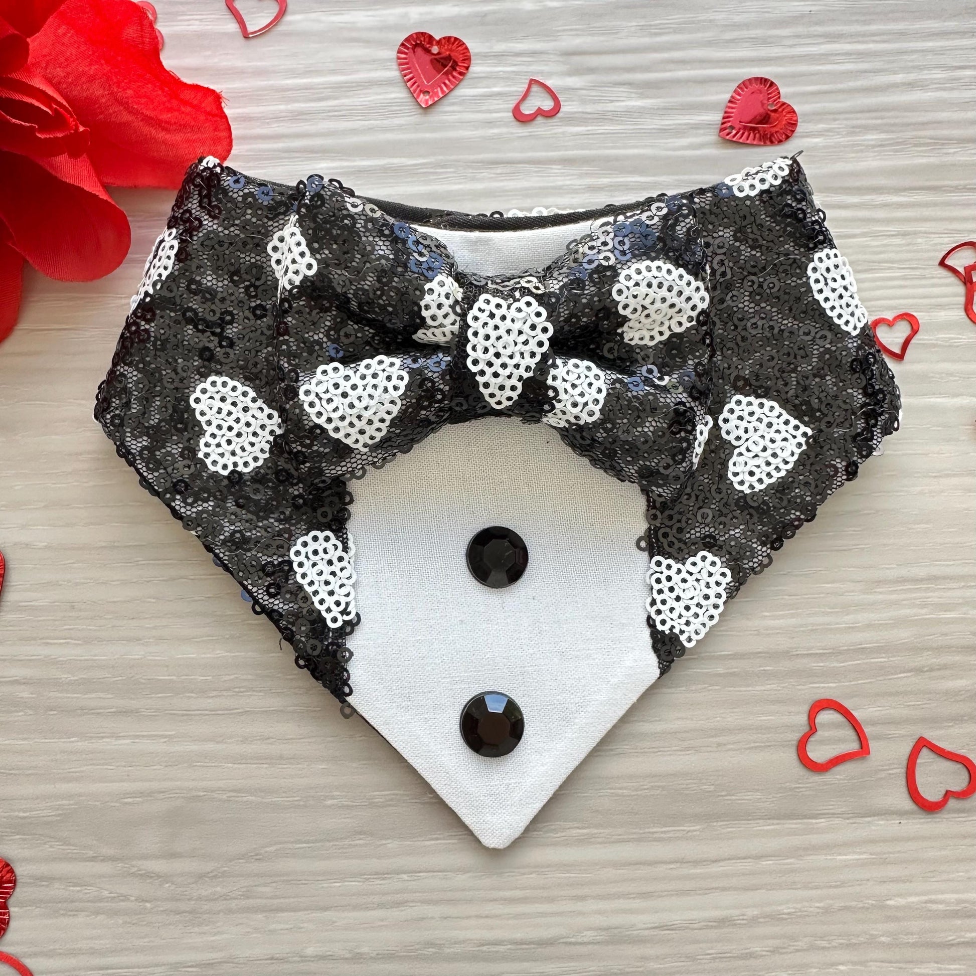 Fancy Valentines Dog Tuxedo, Black and white hears sequins, Valentines pet scarf, Pet accessory for cats, bandana and bowtie,