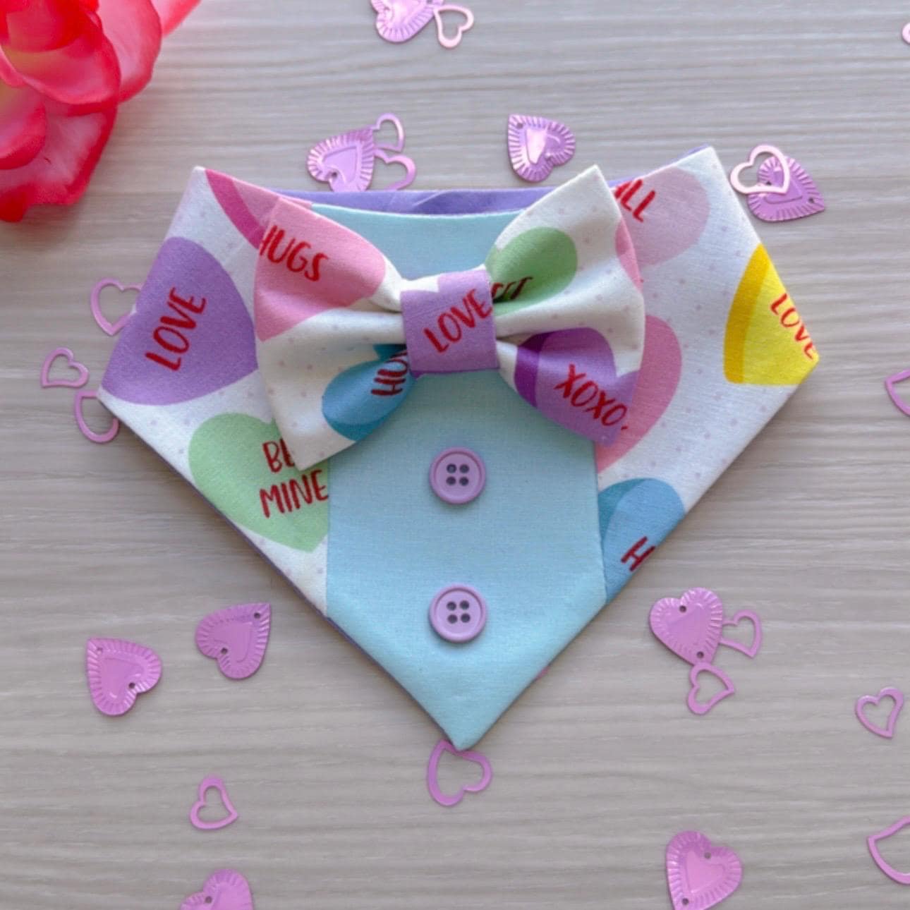 Heart Candies , Tuxedo dog bandana, Valentines Day bandana with bowtie, Dog bandana with Snaps, Pet scarf gift, plaid dog scarf, Dog Bowtie,