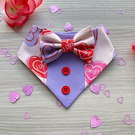 Heart Lollipops , Tuxedo dog bandana, Valentines Day bandana with bowtie, Dog bandana with Snaps, plaid dog scarf, Dog Bowtie,