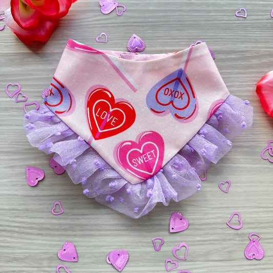 Heart Lollipops Valentines Dog bandana with ruffles, Snap on Bandana, Matching hair-bow, Bow and Bandana, Xoxo bandana