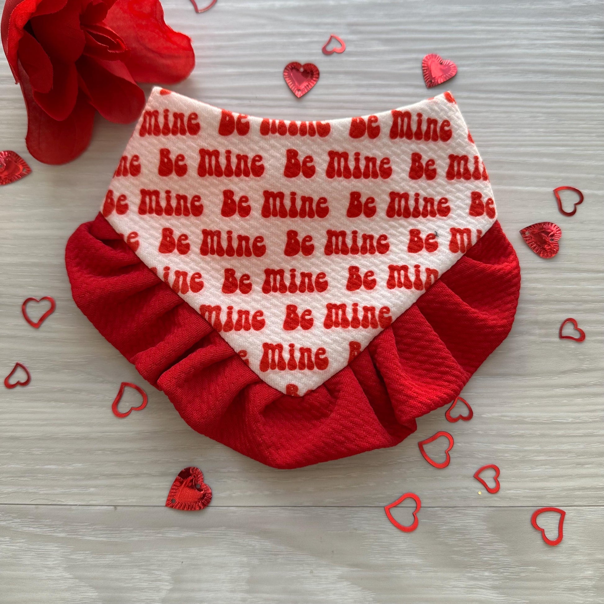 Be mine Valentines Dog bandana with red ruffles, Snap on Bandana, Matching hair-bow, Bow and Bandana, Xoxo bandana