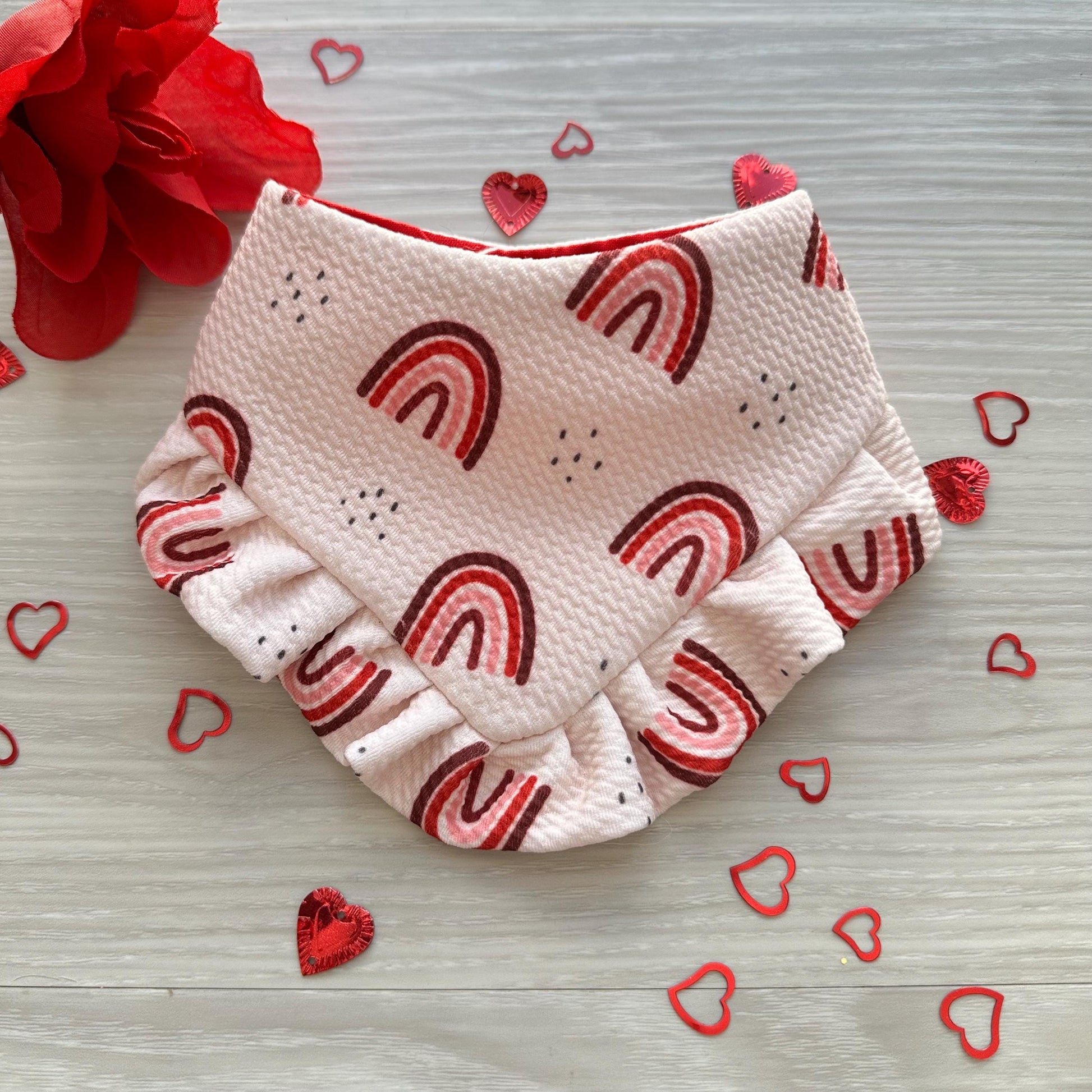 Rainbow Valentines Dog bandana with ruffles, Snap on Bandana, Matching hair-bow, Bow and Bandana, Xoxo bandana