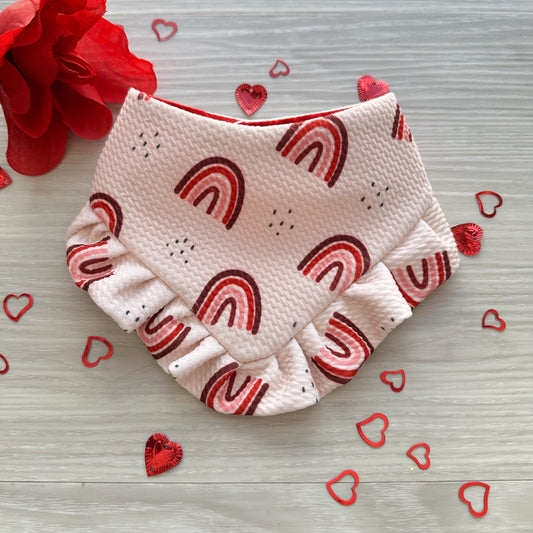Rainbow Valentines Dog bandana with ruffles, Snap on Bandana, Matching hair-bow, Bow and Bandana, Xoxo bandana
