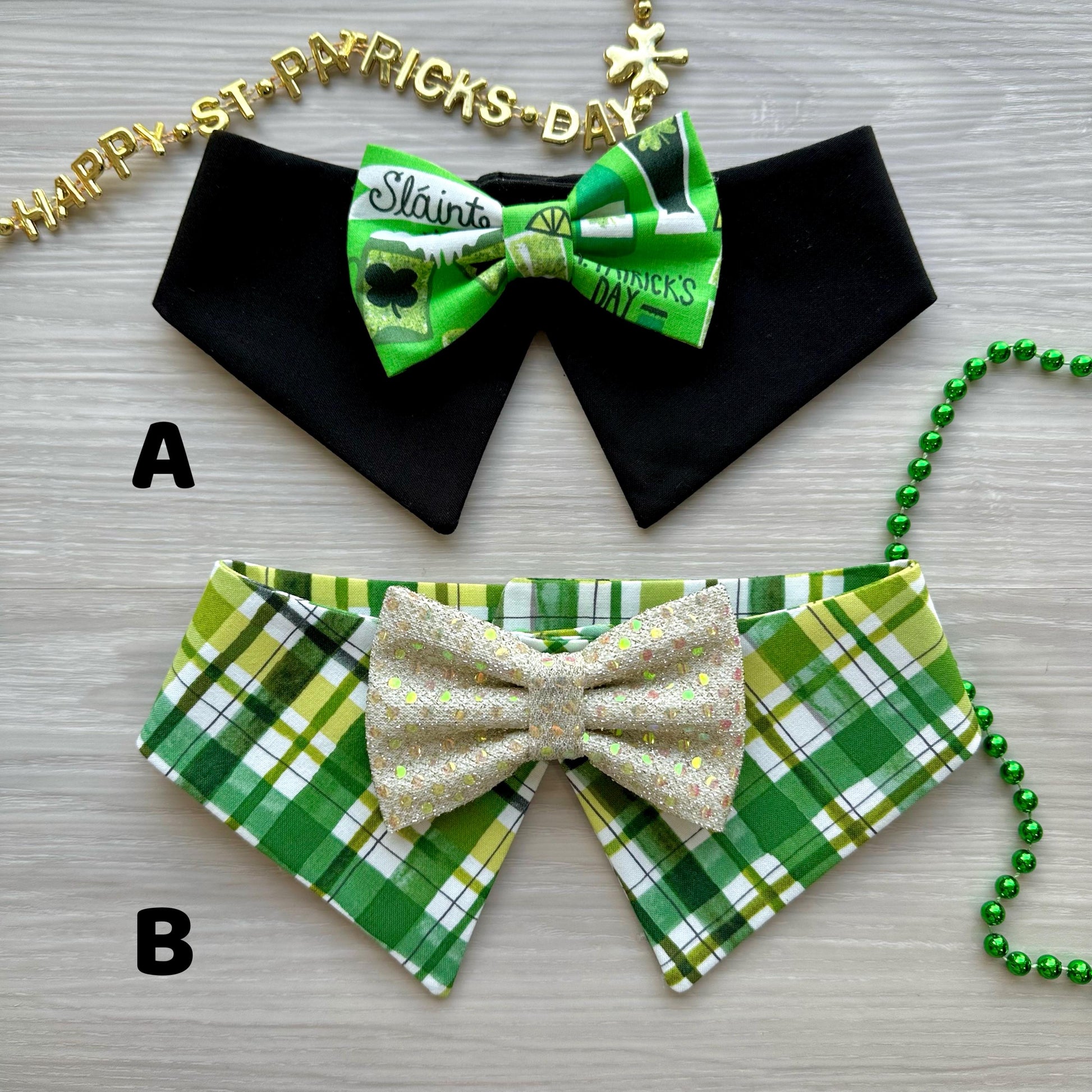 St Patricks Dog Collar Bandana, Plaid and gold lucky charms