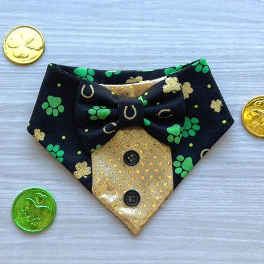 St. Patrick Dog Tuxedo Bandana, Green and Gold Paws