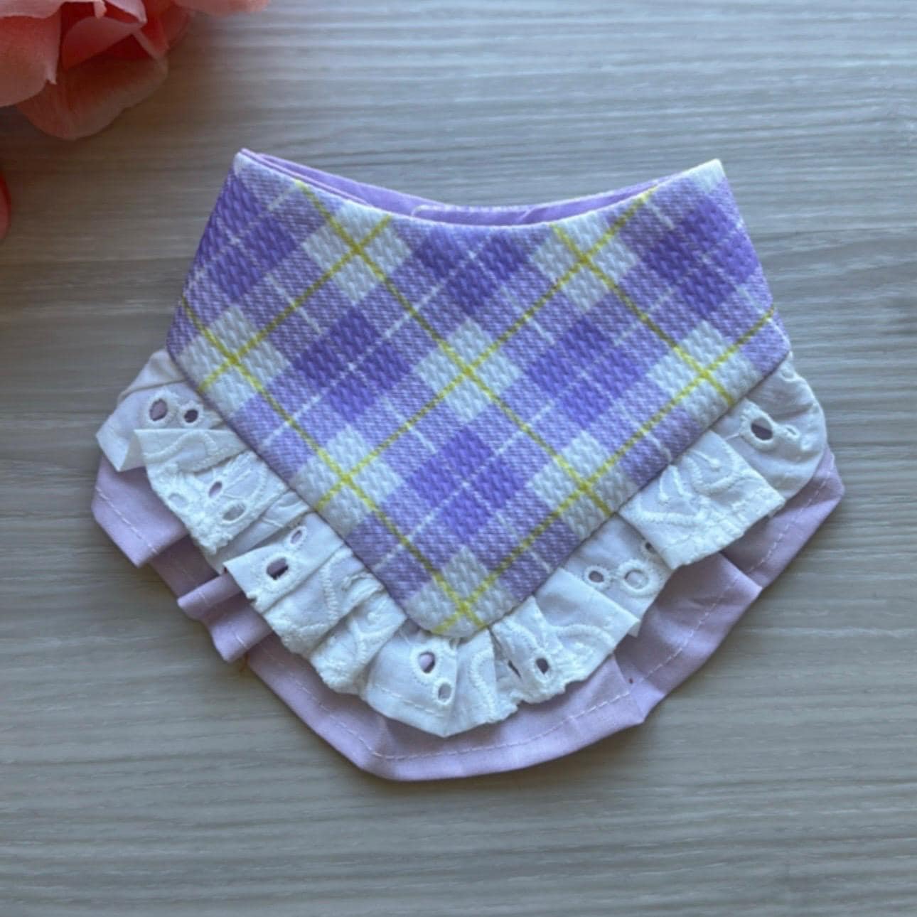 Easter Dog bandana with ruffles, purple plaid Snap on Bandana, Matching hair-bow, accessories for pets, cat bandana, spring scarf for pets