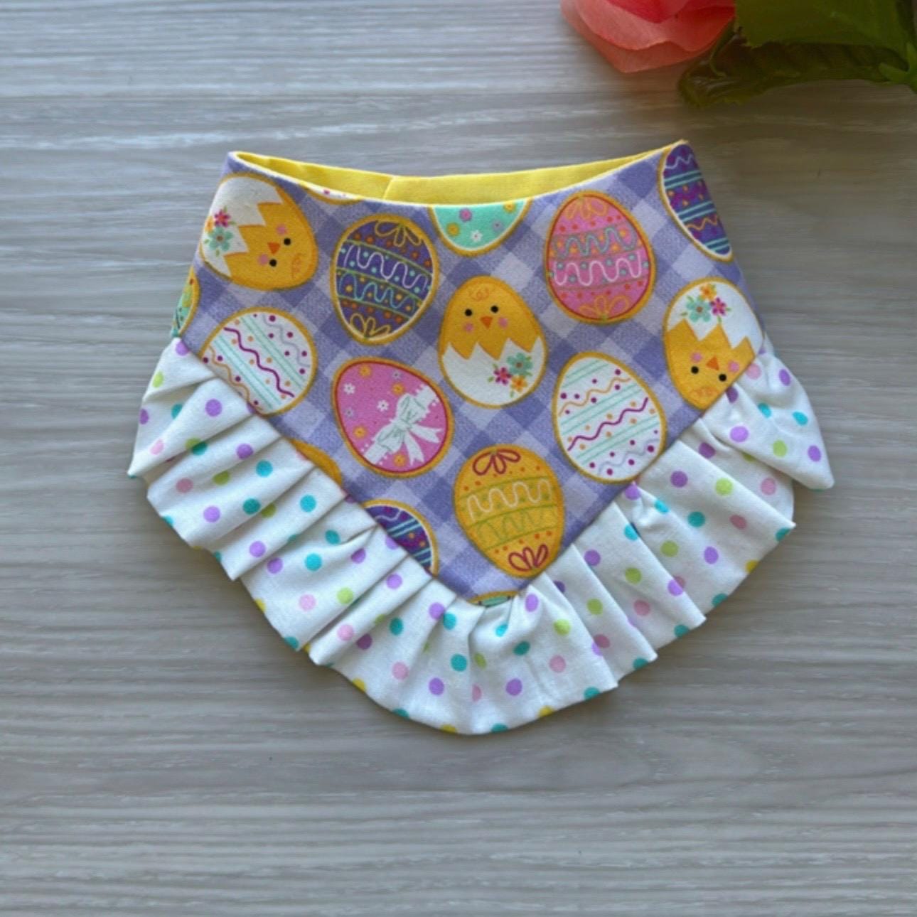 Easter Dog bandana with ruffles, Hatching eggs Snap on Bandana, Matching hair-bow, accessories for pets, cat bandana, spring scarf for pets