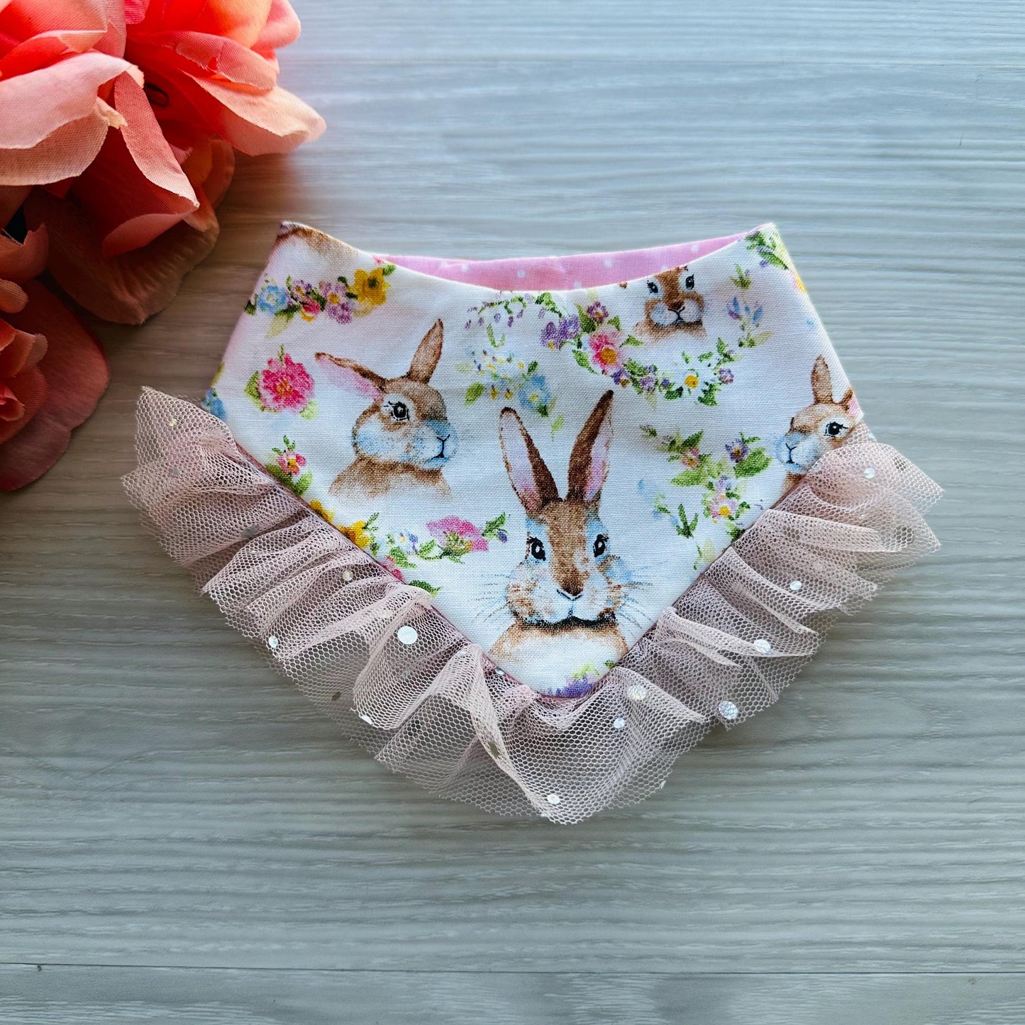 Easter Dog bandana with ruffles, floral bunnies Snap on Bandana, Matching hair-bow, accessories for pets, cat bandana, spring scarf for pets