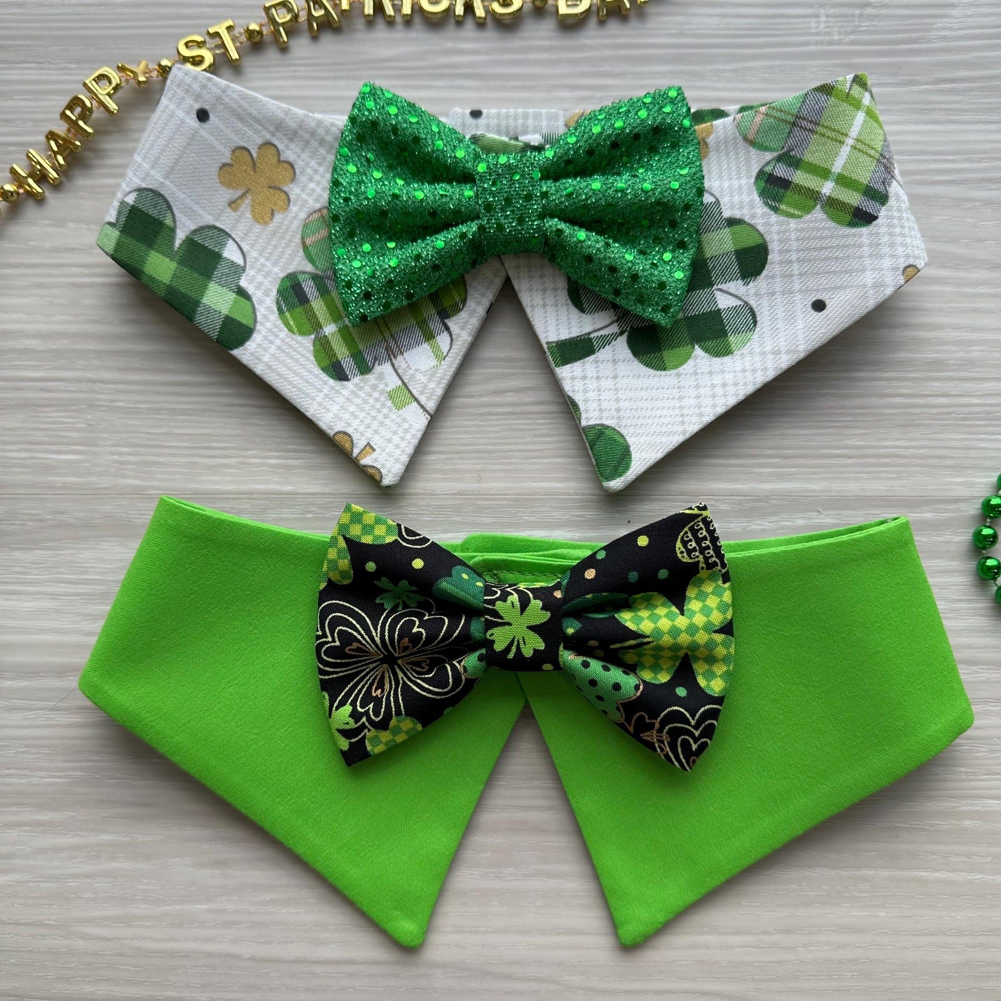 St Patricks Dog Collar Bandana, shamrock, gold, and green, lucky charms