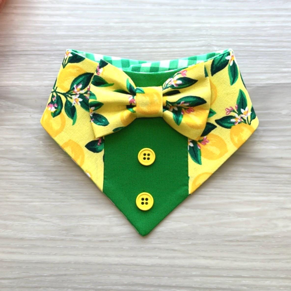 Spring Dog Tuxedo Bandana, Green floral, Bandana with bow tie for dogs, summer cute dog boy accessories