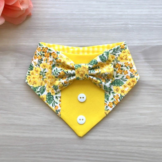 Spring Dog Tuxedo Bandana, Yellow Floral, Bandana with bow tie for dogs, summer cute dog boy accessories