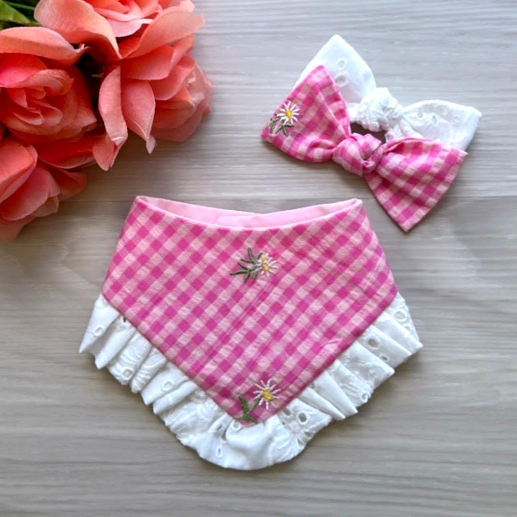 Spring Dog Bandana, snap closure dog bandana, pink gingham Cute Girly dog bandana, flower bandana, cotton bandana, dog accessories