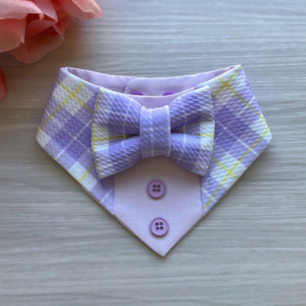 Easter Dog Tuxedo Bandana, purple plaid, Bandana with bow tie for dogs, Easter cute dog boy accessories