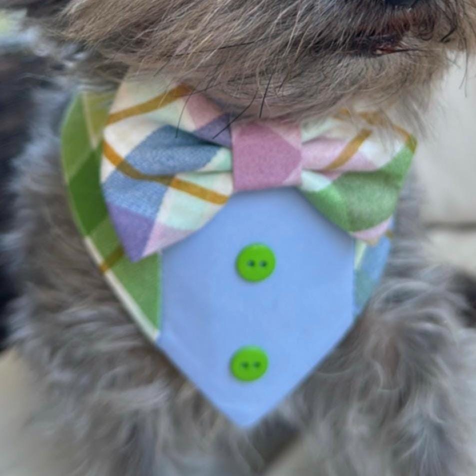 Easter Dog Tuxedo Bandana, Green and blue plaid, Bandana with bow tie for dogs, Easter cute dog boy accessories